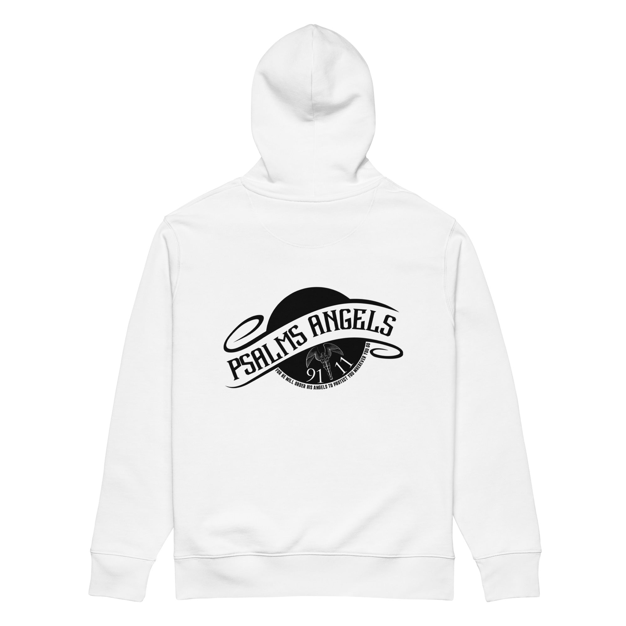 Psalm 91:11 Unisex Premium Heavyweight 100% Organic Cotton Rear Printed Hoodie - White Psalms 91.11