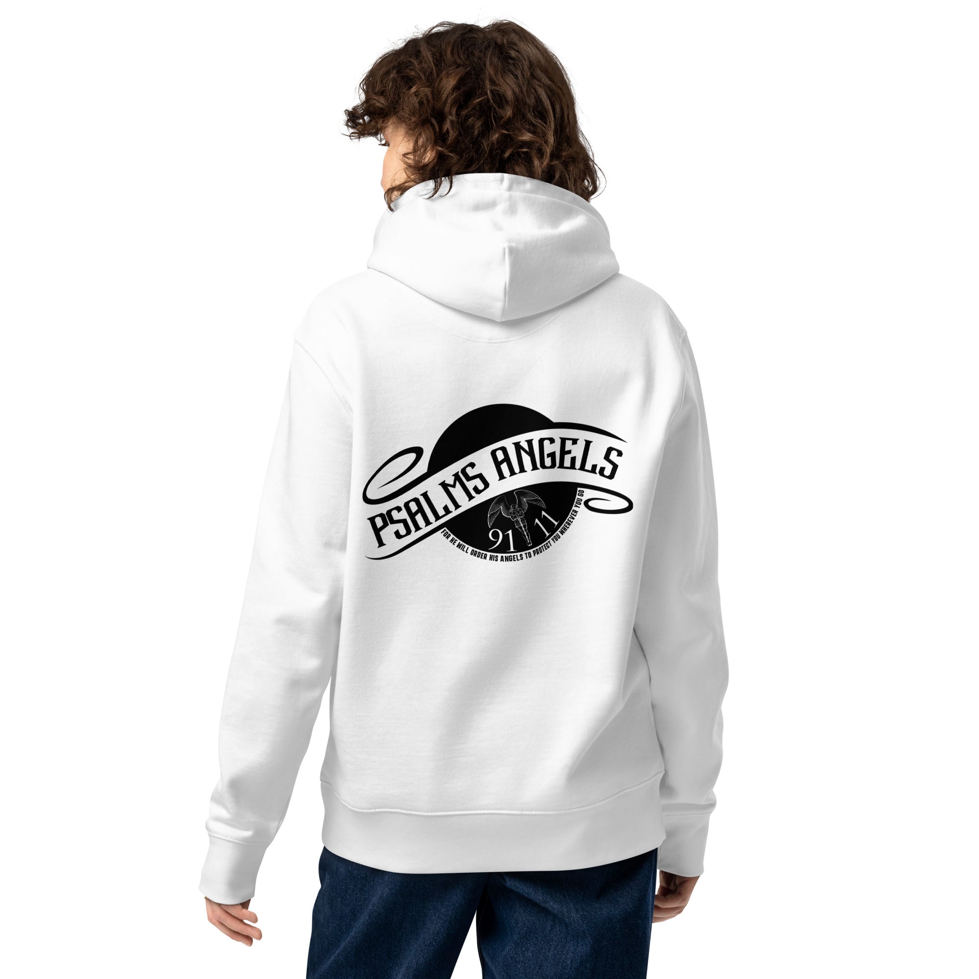 Psalm 91:11 Unisex Premium Heavyweight 100% Organic Cotton Rear Printed Hoodie - White Psalms 91.11