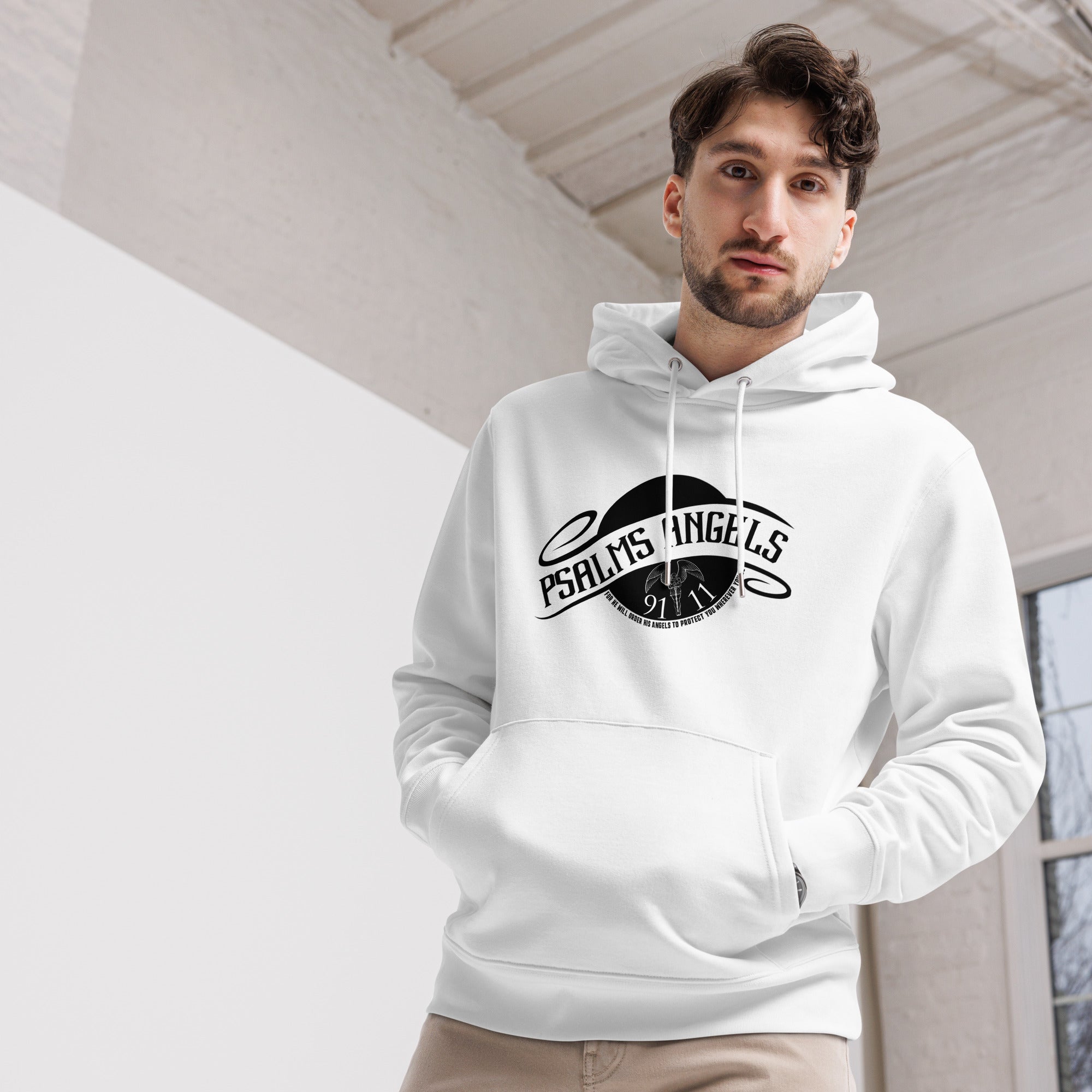 Psalm 91:11 Unisex Premium Heavyweight 100% Organic Cotton Hoodie - White Psalms 91.11